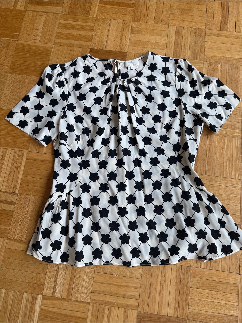 kate spade Black & White Floral Grid Short Sleeve Blouse